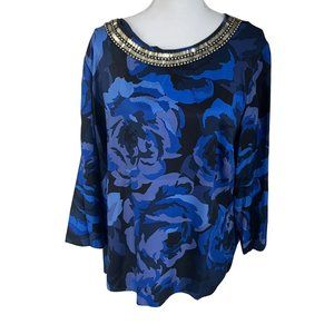 Boden Eliza Blue Black Floral Print Embellished 3/4 Sleeve Top Plus Size 18